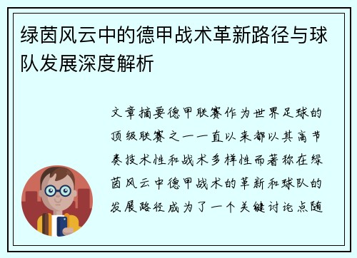 绿茵风云中的德甲战术革新路径与球队发展深度解析